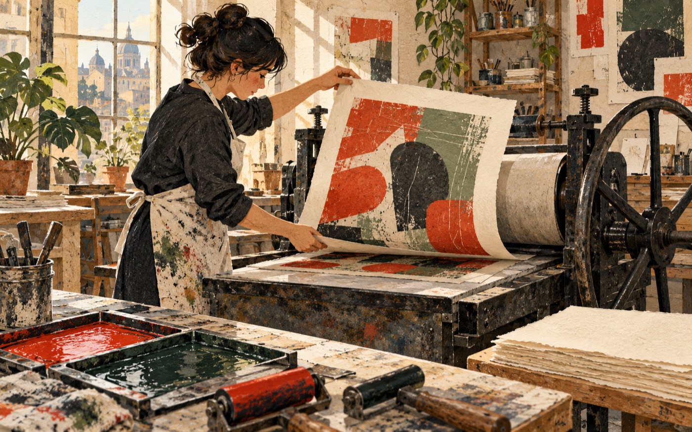 AI-generated illustration of an artist making a print in a studio.