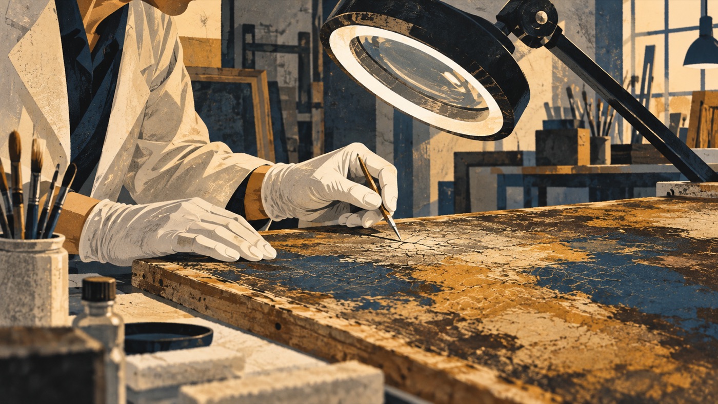 AI-generated illustration of canvas examination in a conservation studio.