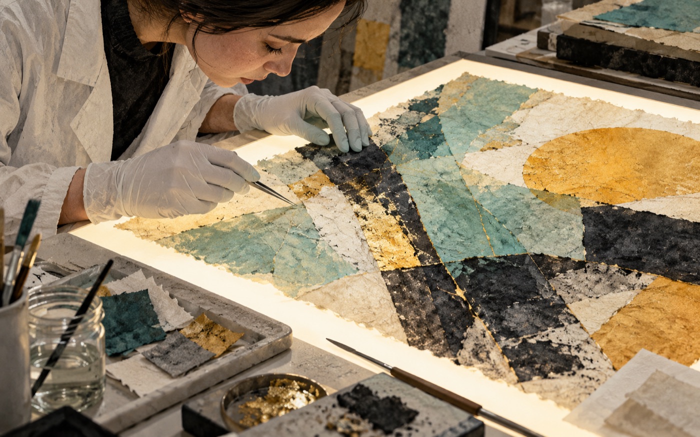 AI-generated illustration of a conservator examining art on a light table.