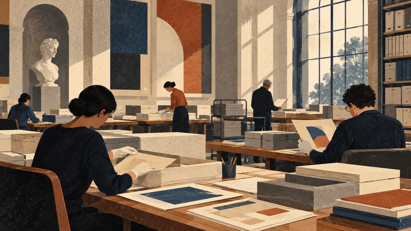 AI-generated illustration of researchers examining materials in a museum archive.