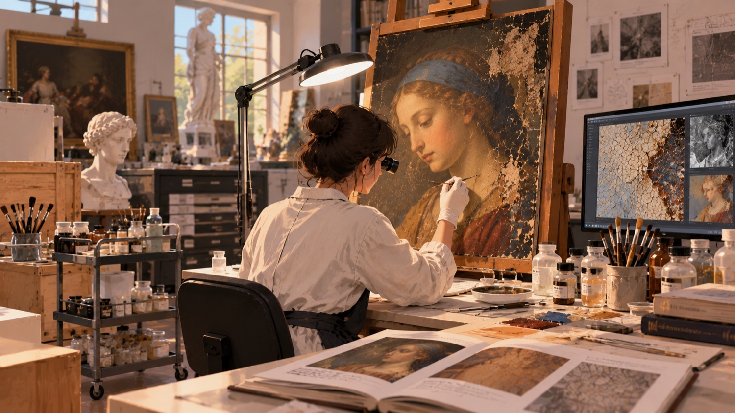 AI-generated illustration of a conservator restoring a painting.