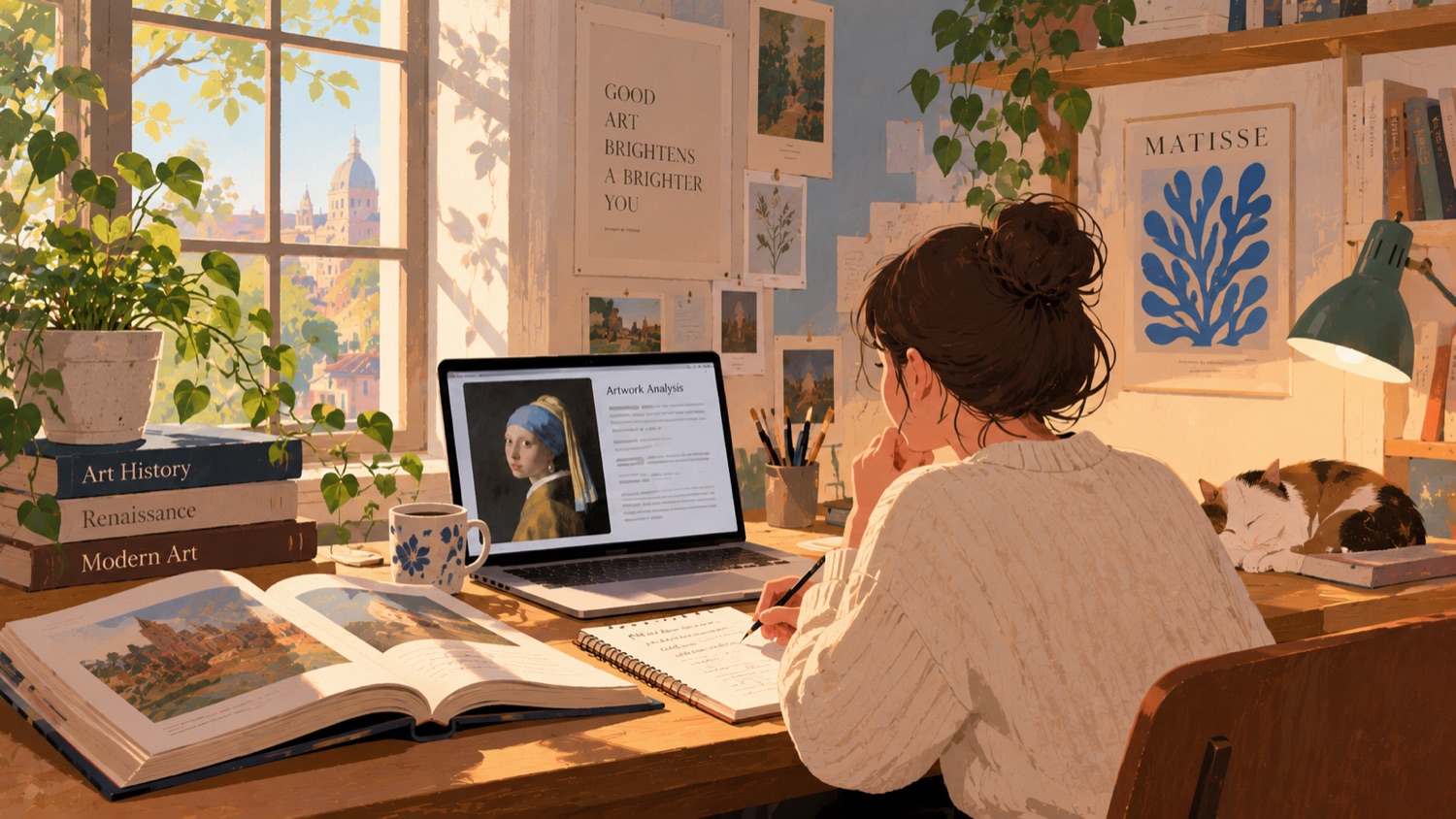 AI-generated illustration of an editor reviewing art publication layouts.