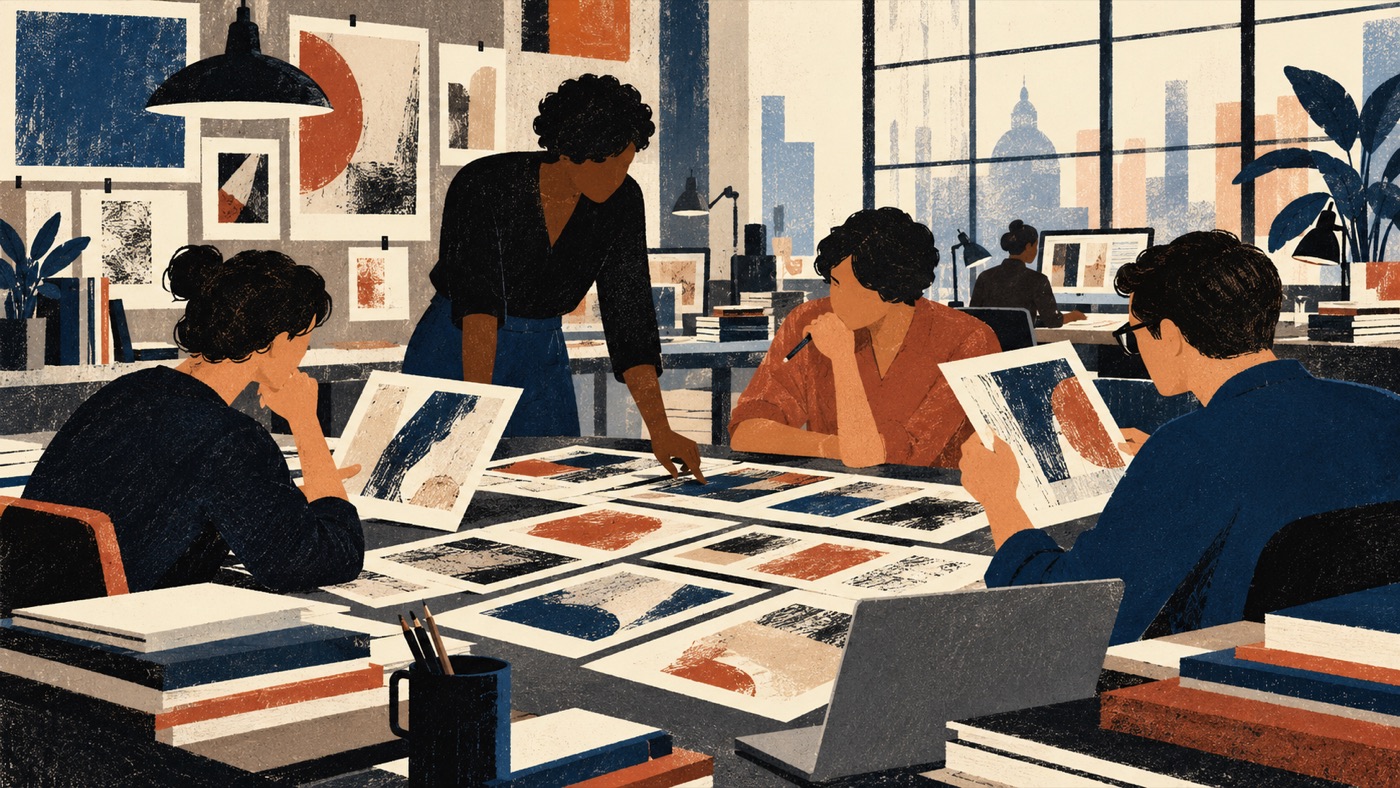 AI-generated illustration of editors at an art publication newsroom.