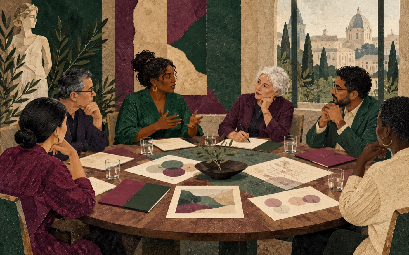 AI-generated illustration of a cultural-policy roundtable.