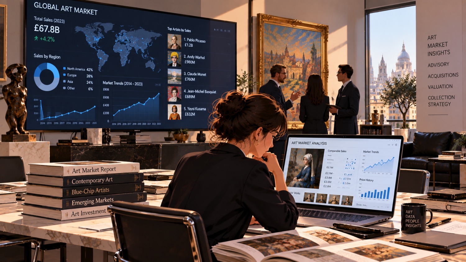 AI-generated illustration of an art-world news desk with research screens.