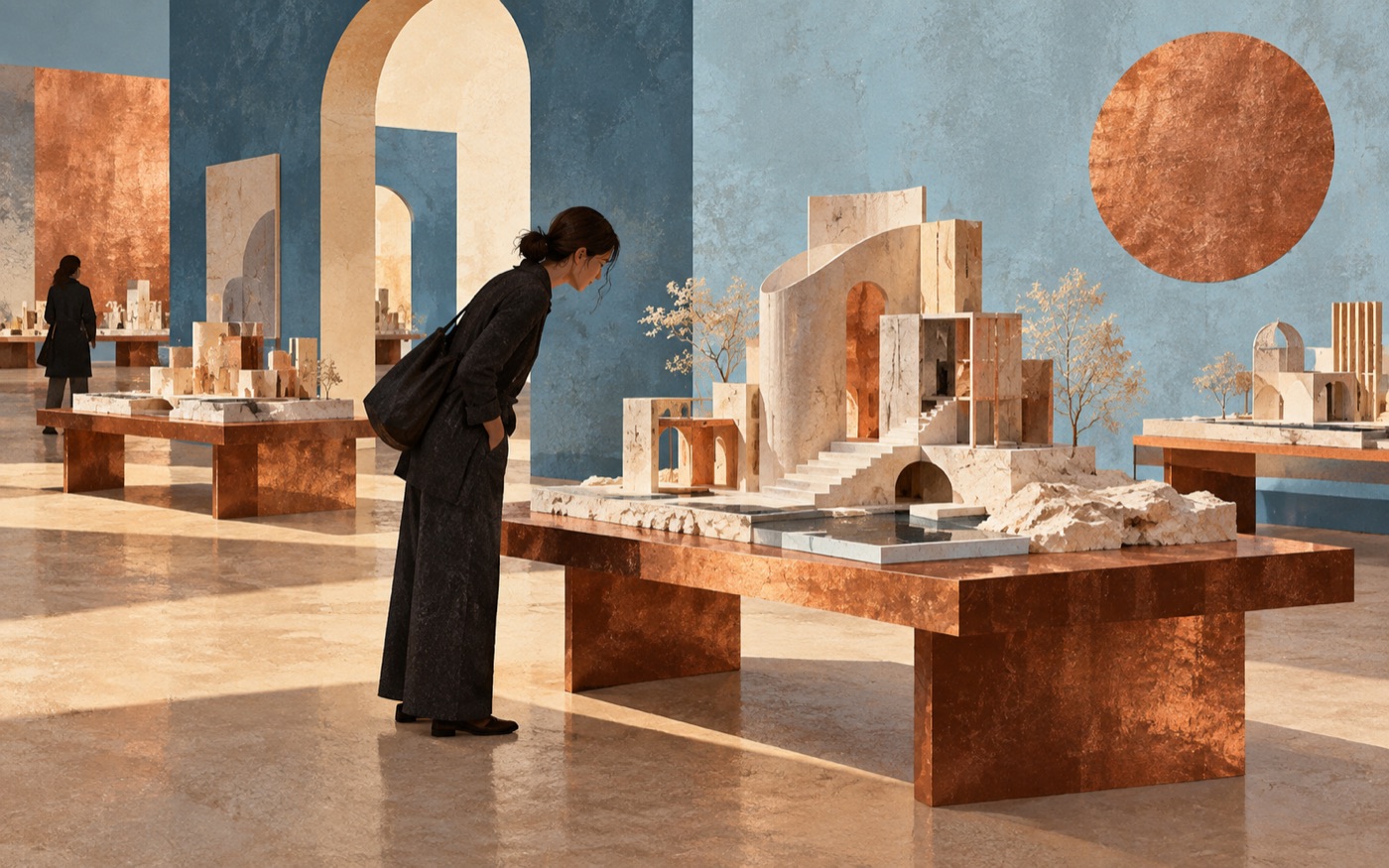 AI-generated illustration of architectural models on exhibition tables.