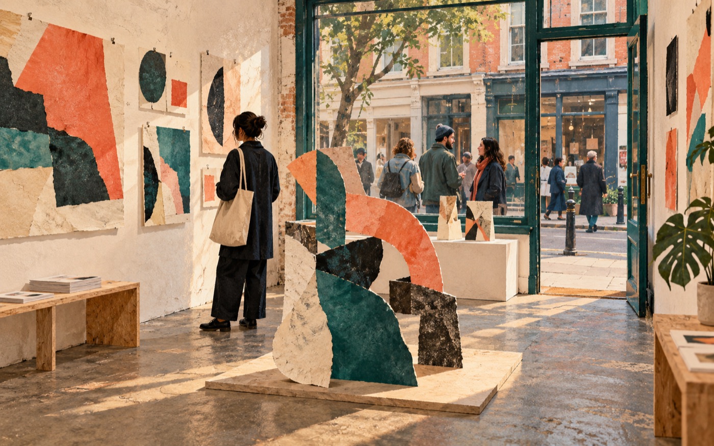 AI-generated illustration of an artist-run exhibition in a shopfront.