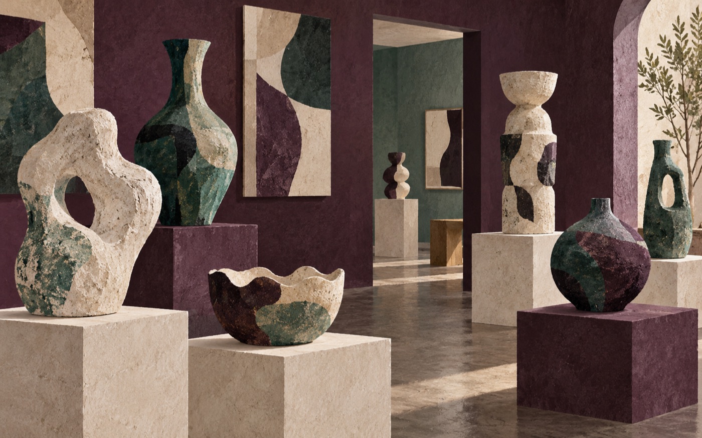 AI-generated illustration of abstract ceramic vessels on gallery plinths.