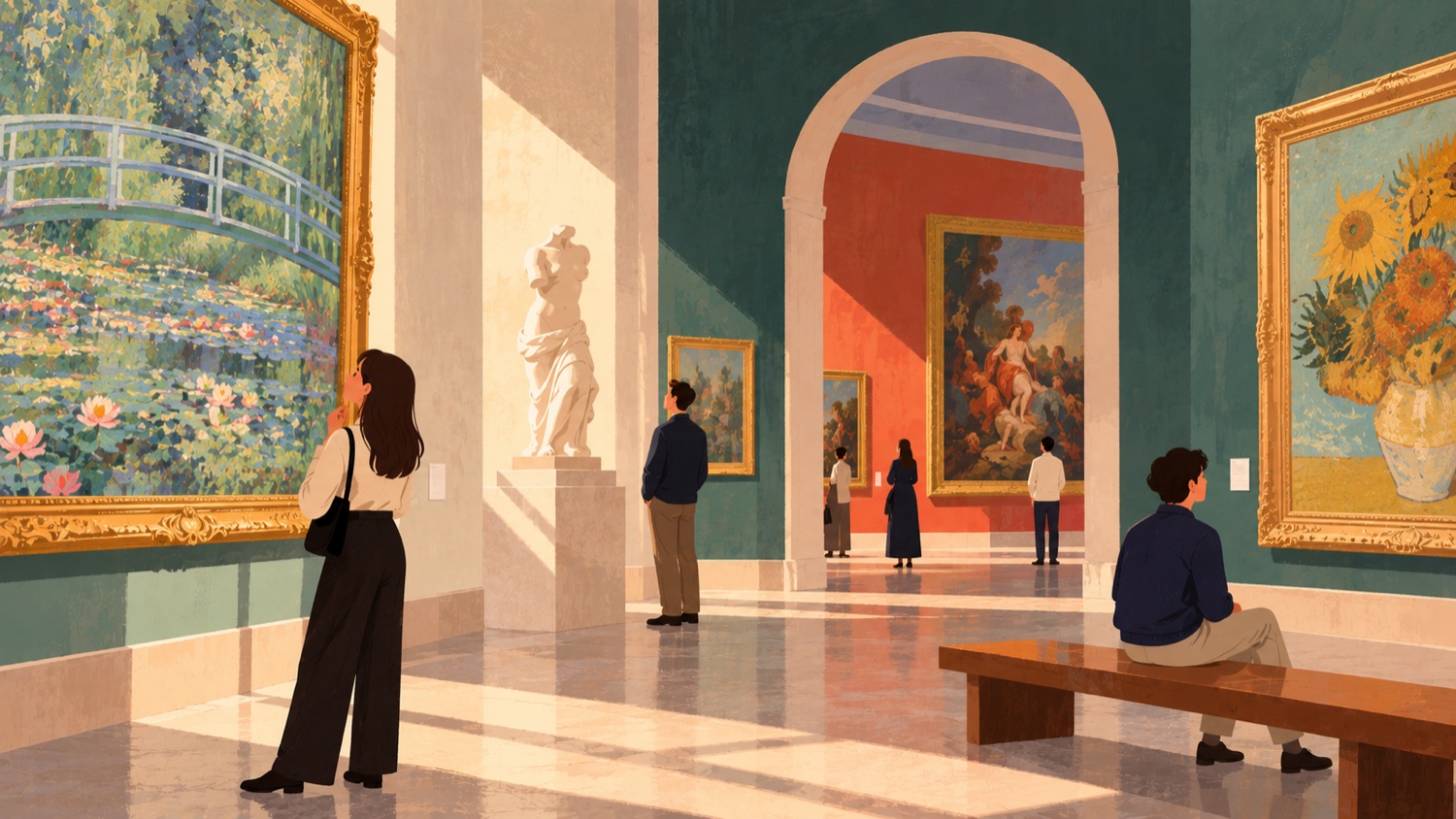 AI-generated illustration of paintings displayed in a gallery.