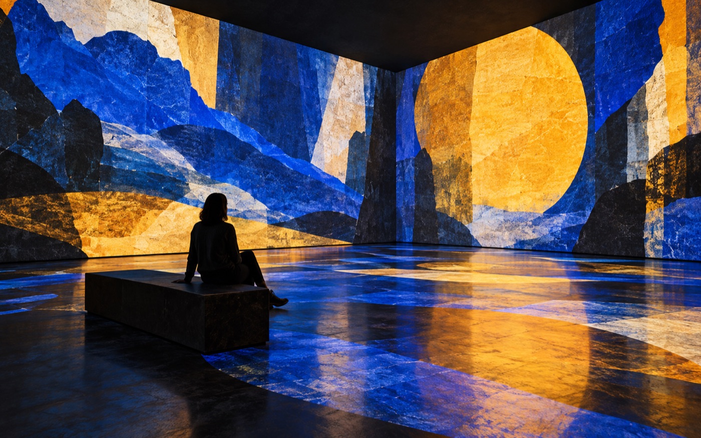 AI-generated illustration of a visitor in an immersive video-art room.