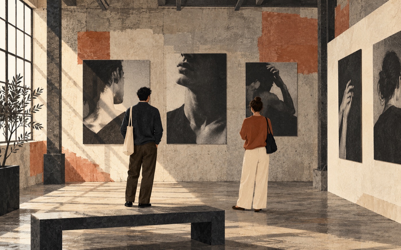AI-generated illustration of visitors viewing portrait photographs in an industrial gallery.