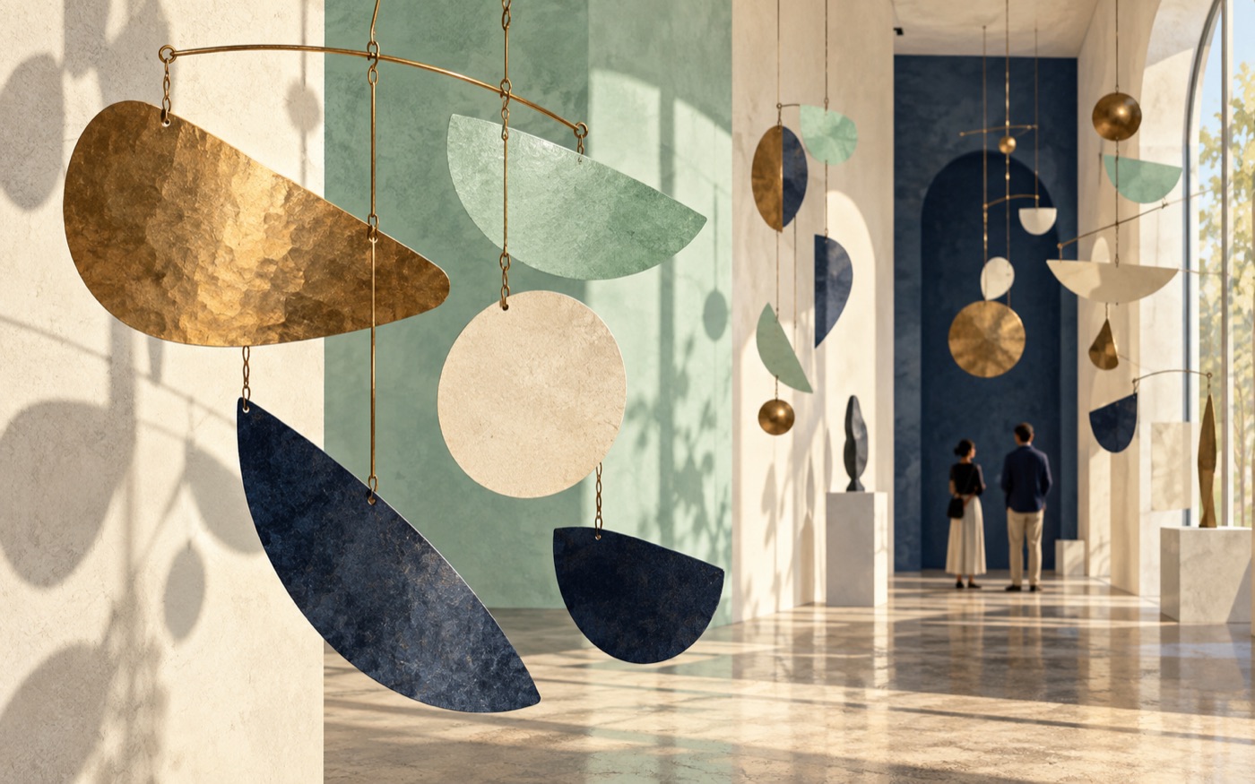 AI-generated illustration of suspended kinetic sculptures in a gallery.