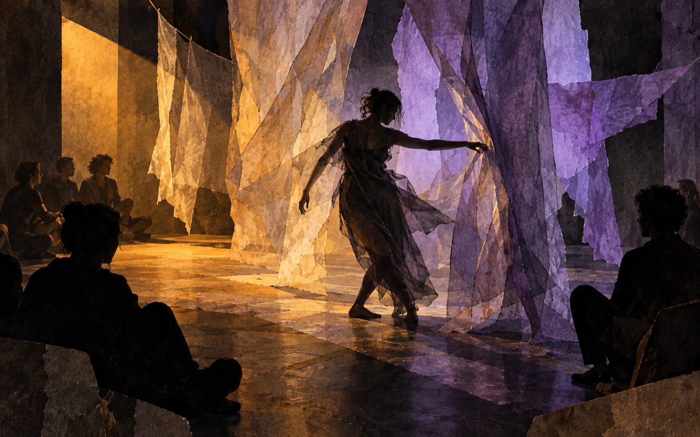 AI-generated illustration of a performance in a black-box art space.
