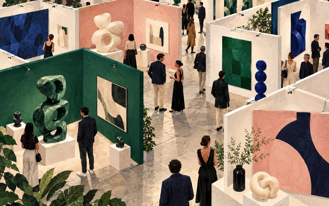 AI-generated illustration of booths and visitors at a contemporary art fair.