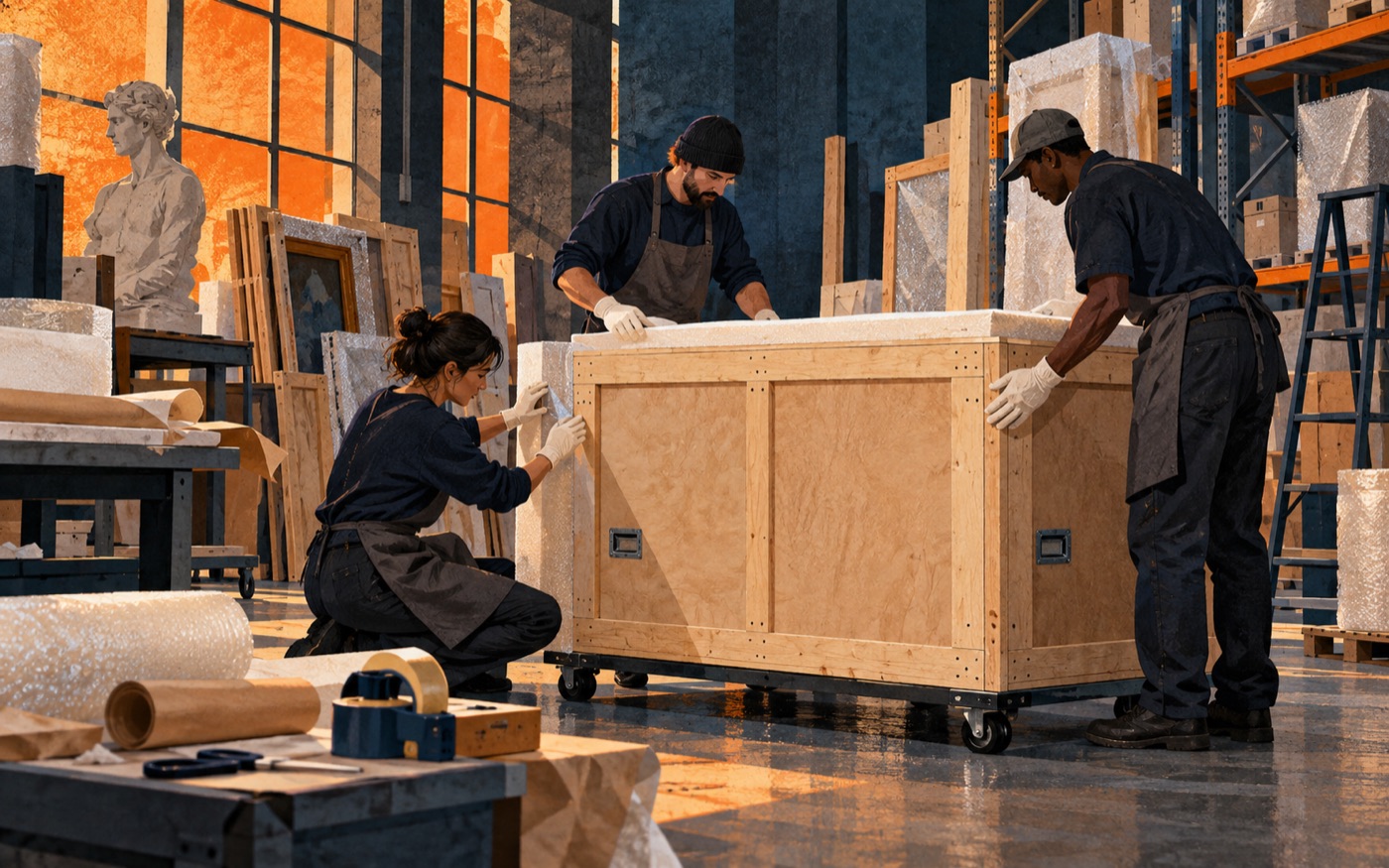 AI-generated illustration of art handlers preparing a crate in a workshop.