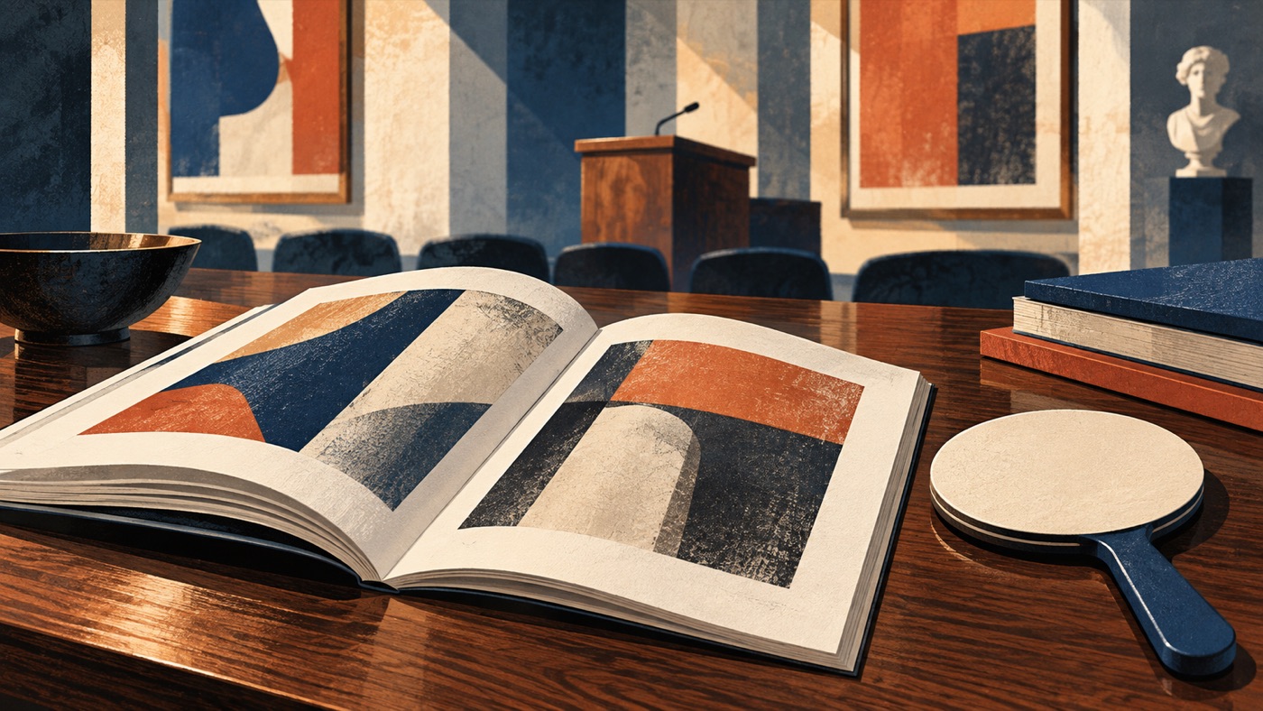 AI-generated illustration of an auction catalogue and bidding paddle.