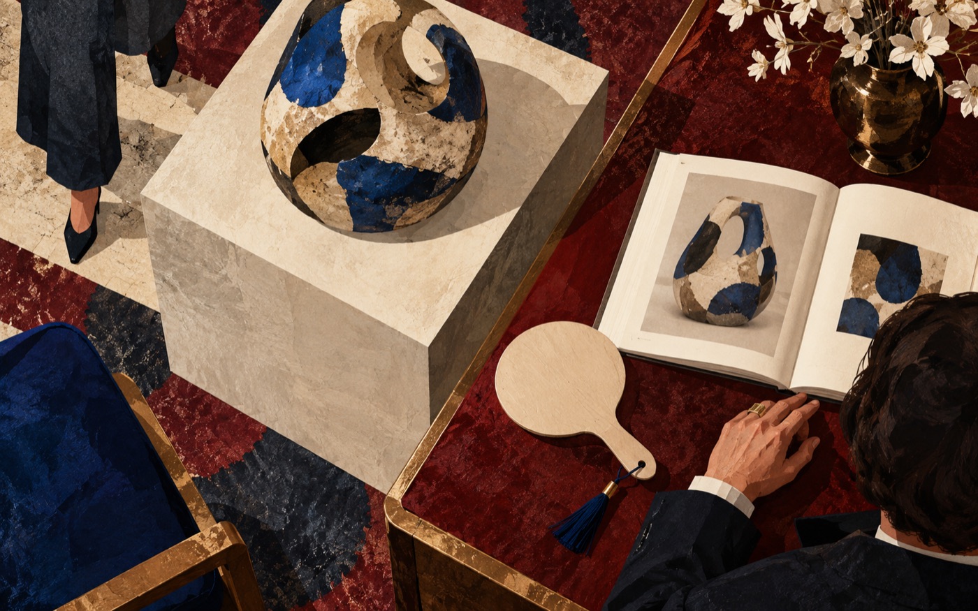 AI-generated illustration of an auction preview table and art objects.