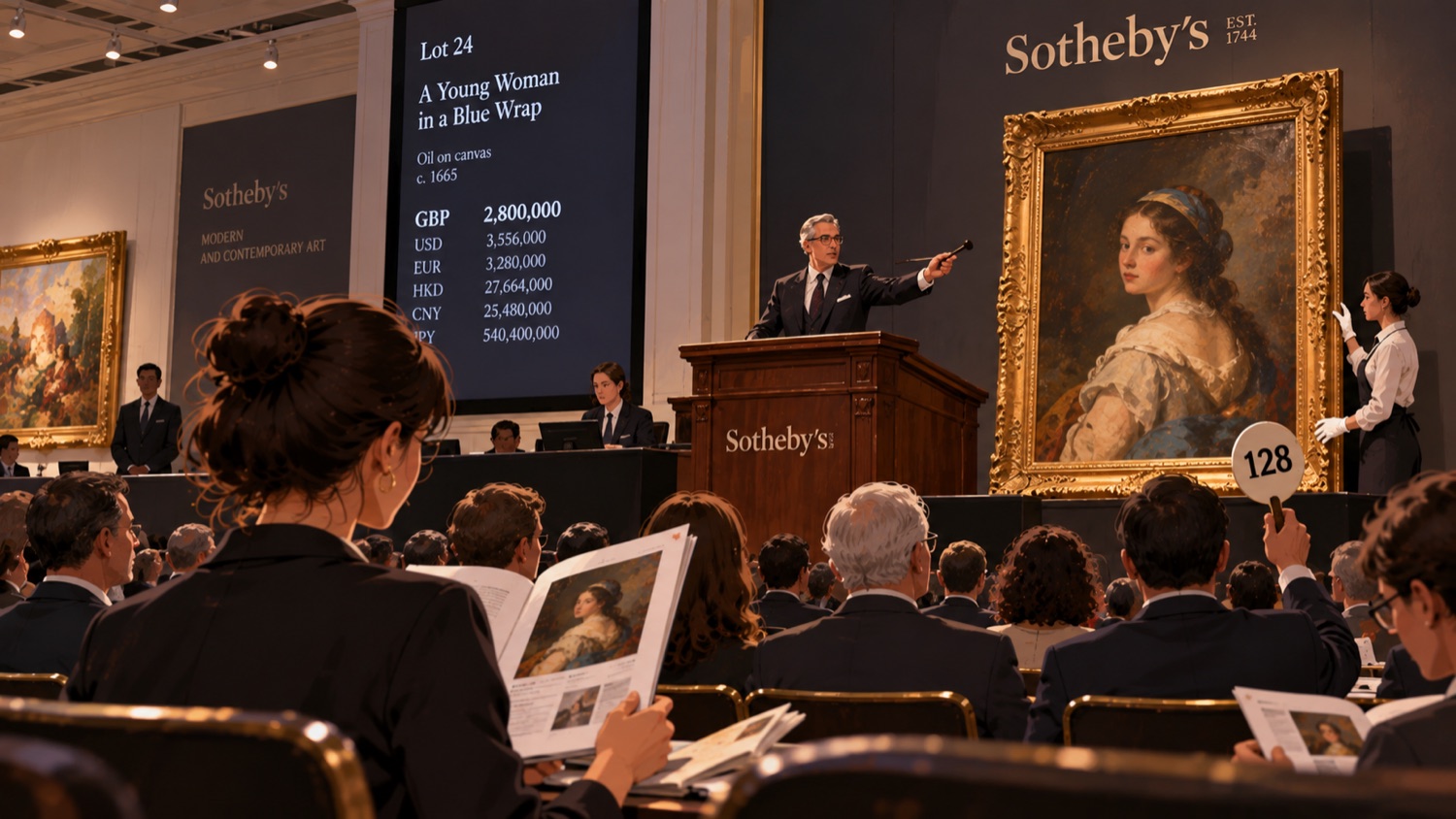AI-generated illustration of bidding at an art auction.
