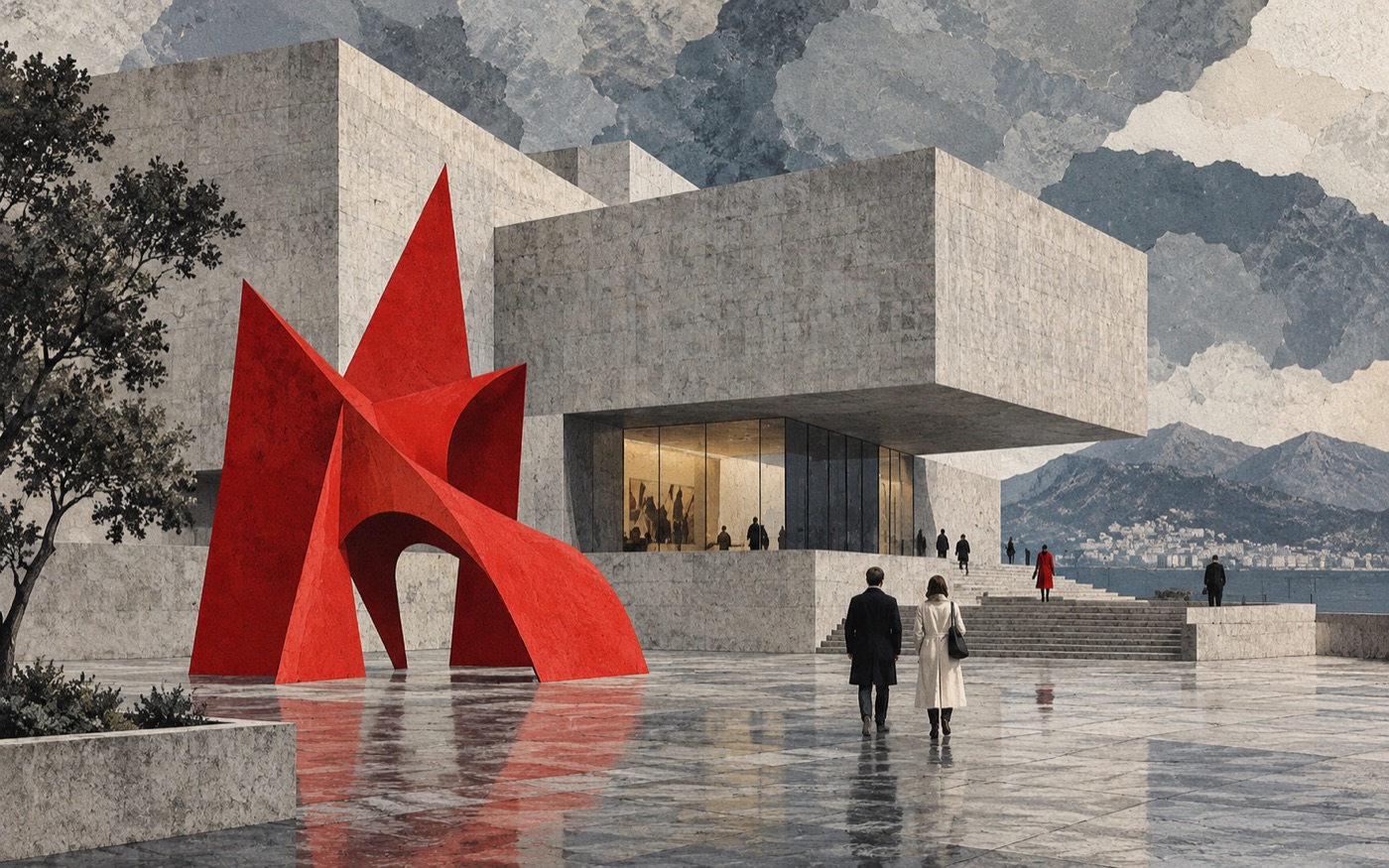AI-generated illustration of a concrete museum and plaza sculpture.