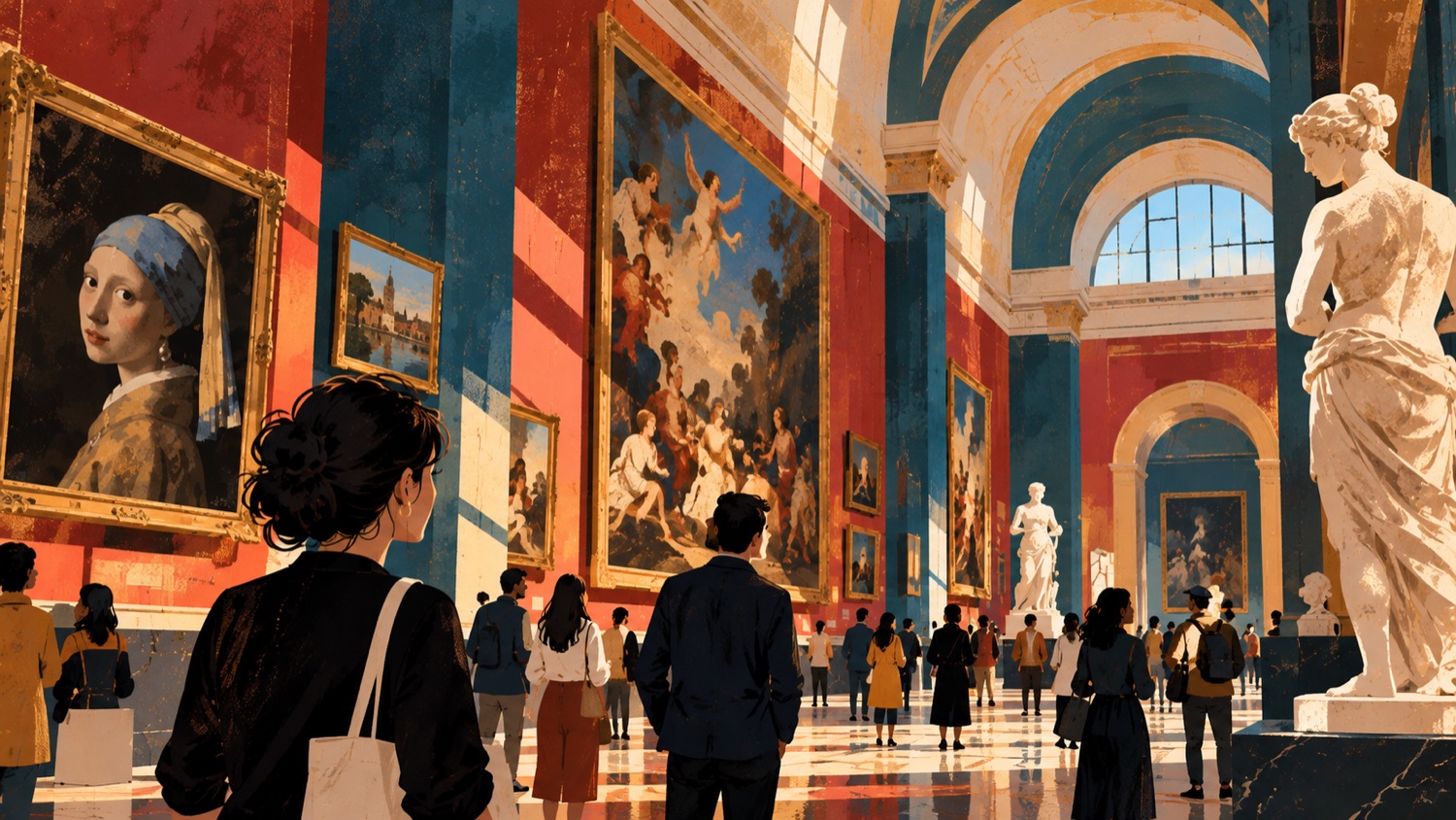 AI-generated illustration of visitors in a colourful museum gallery.