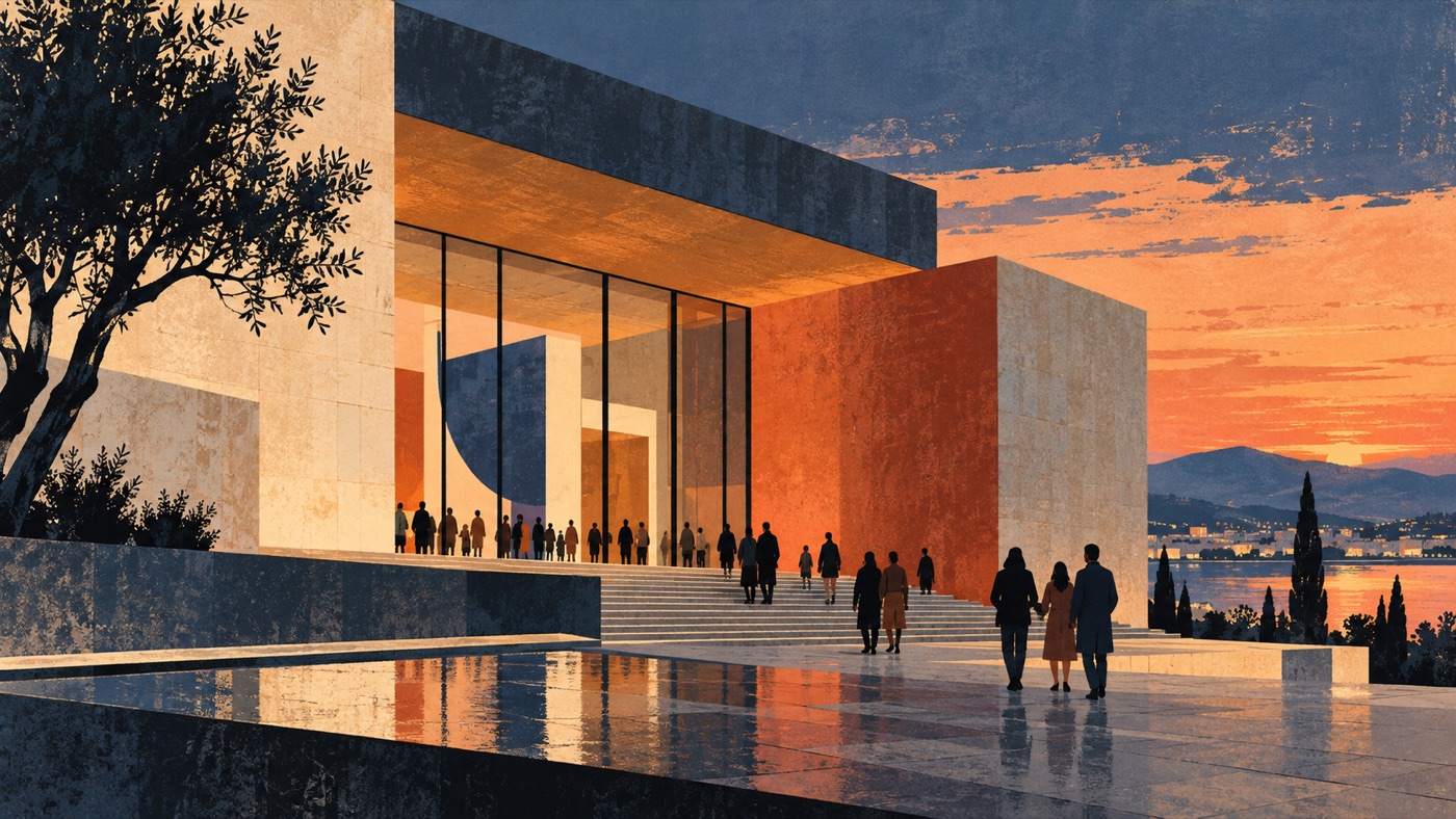 AI-generated illustration of an imagined modern museum at dusk.