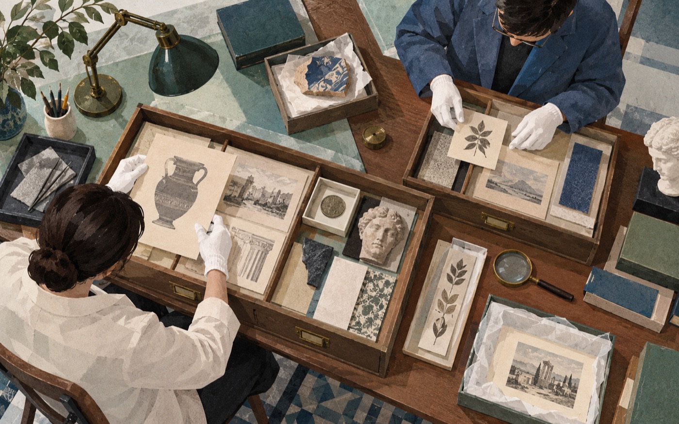 AI-generated illustration of archive drawers and records on a museum table.