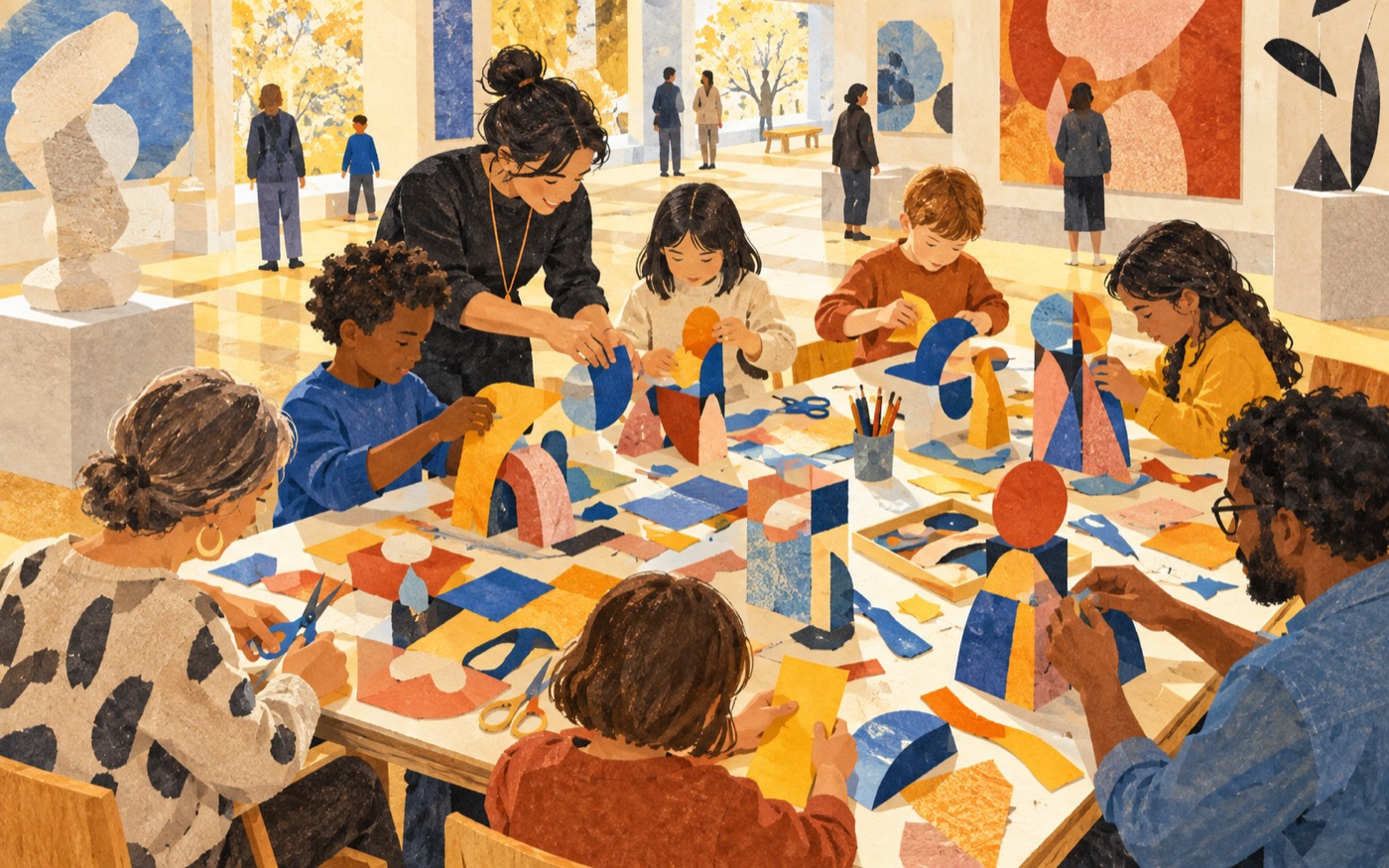 AI-generated illustration of a museum art-making workshop.