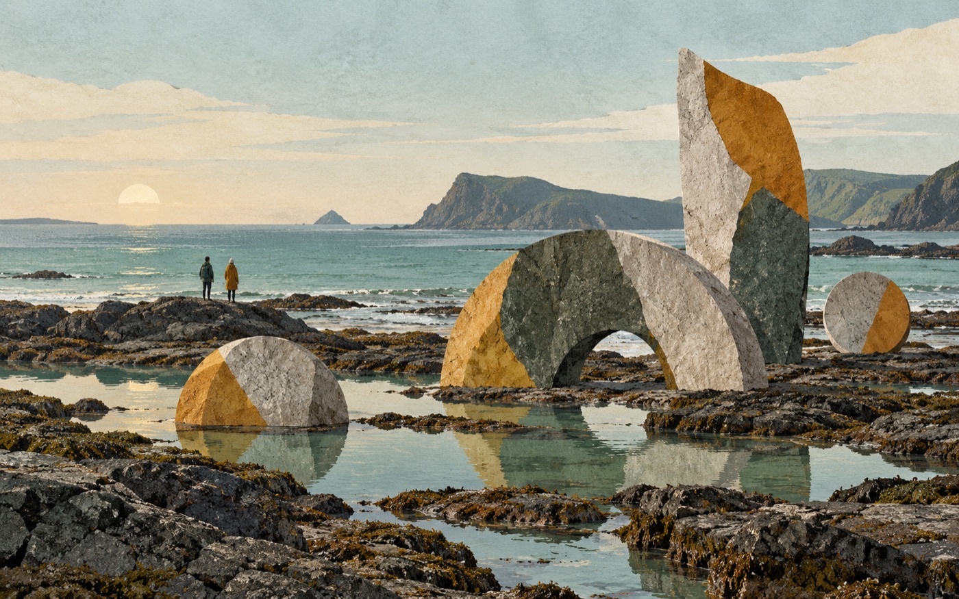 AI-generated illustration of abstract land art on a rocky coastline.