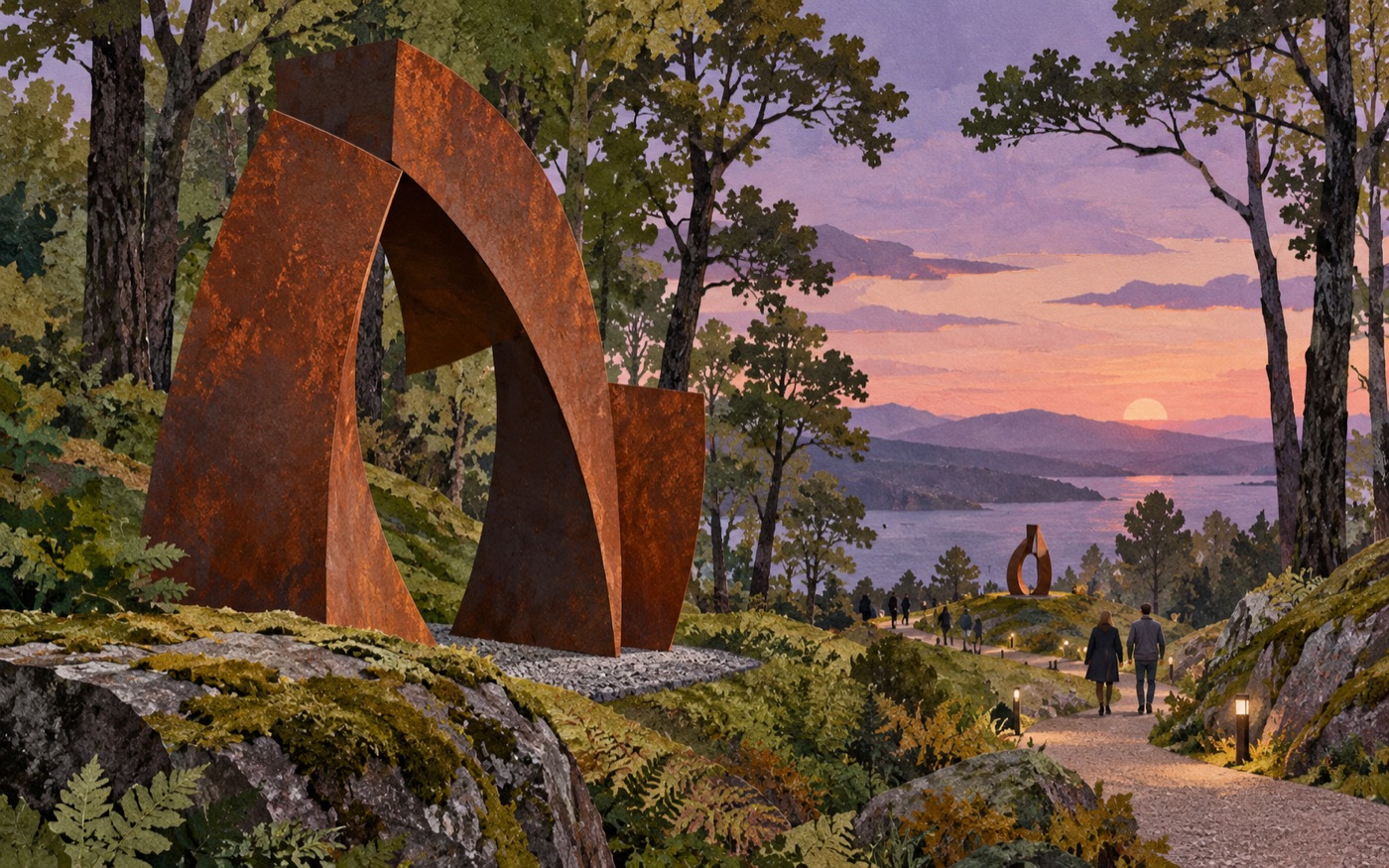 AI-generated illustration of an outdoor sculpture trail at dusk.