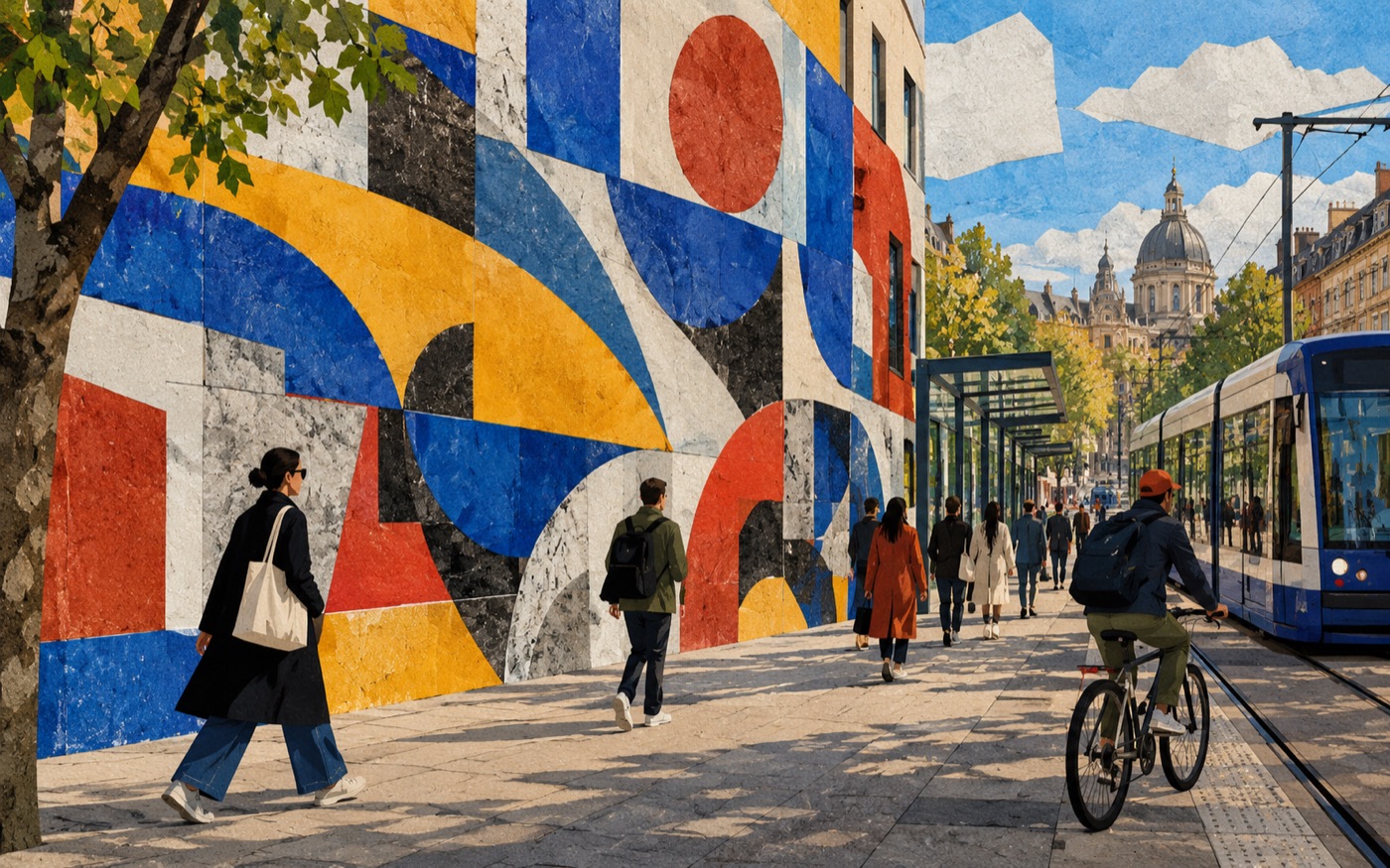 AI-generated illustration of an abstract mural on a city street.