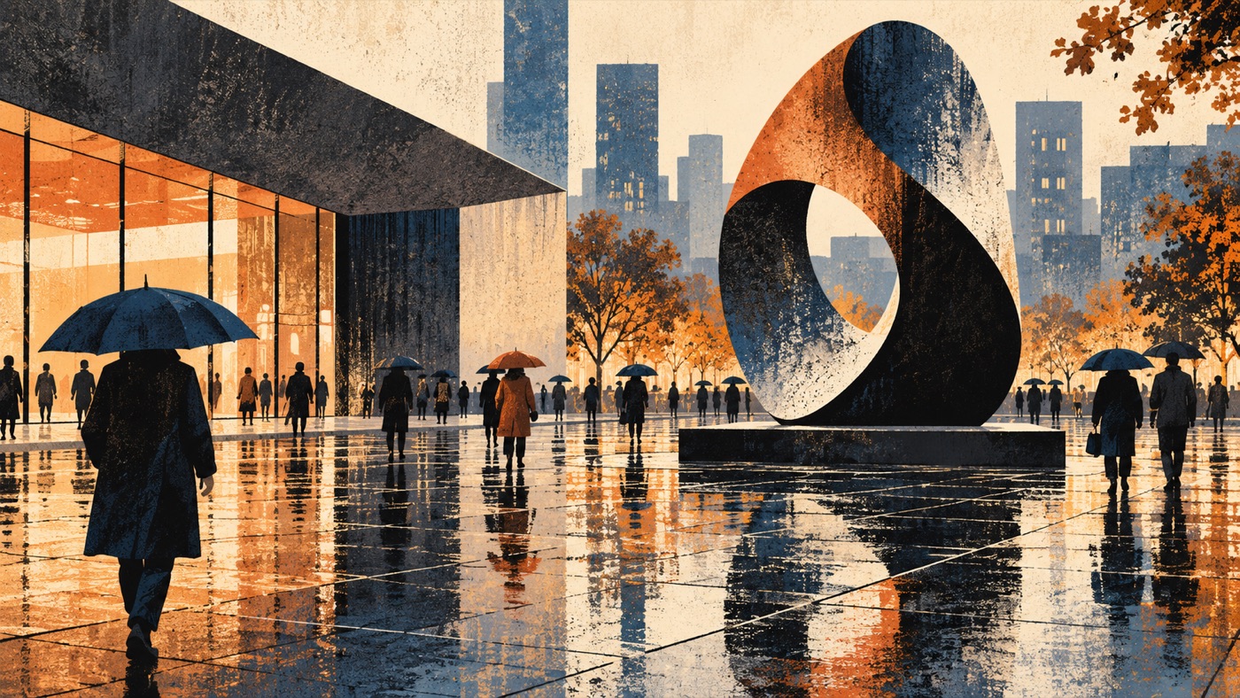 AI-generated illustration of a rainy public sculpture plaza.